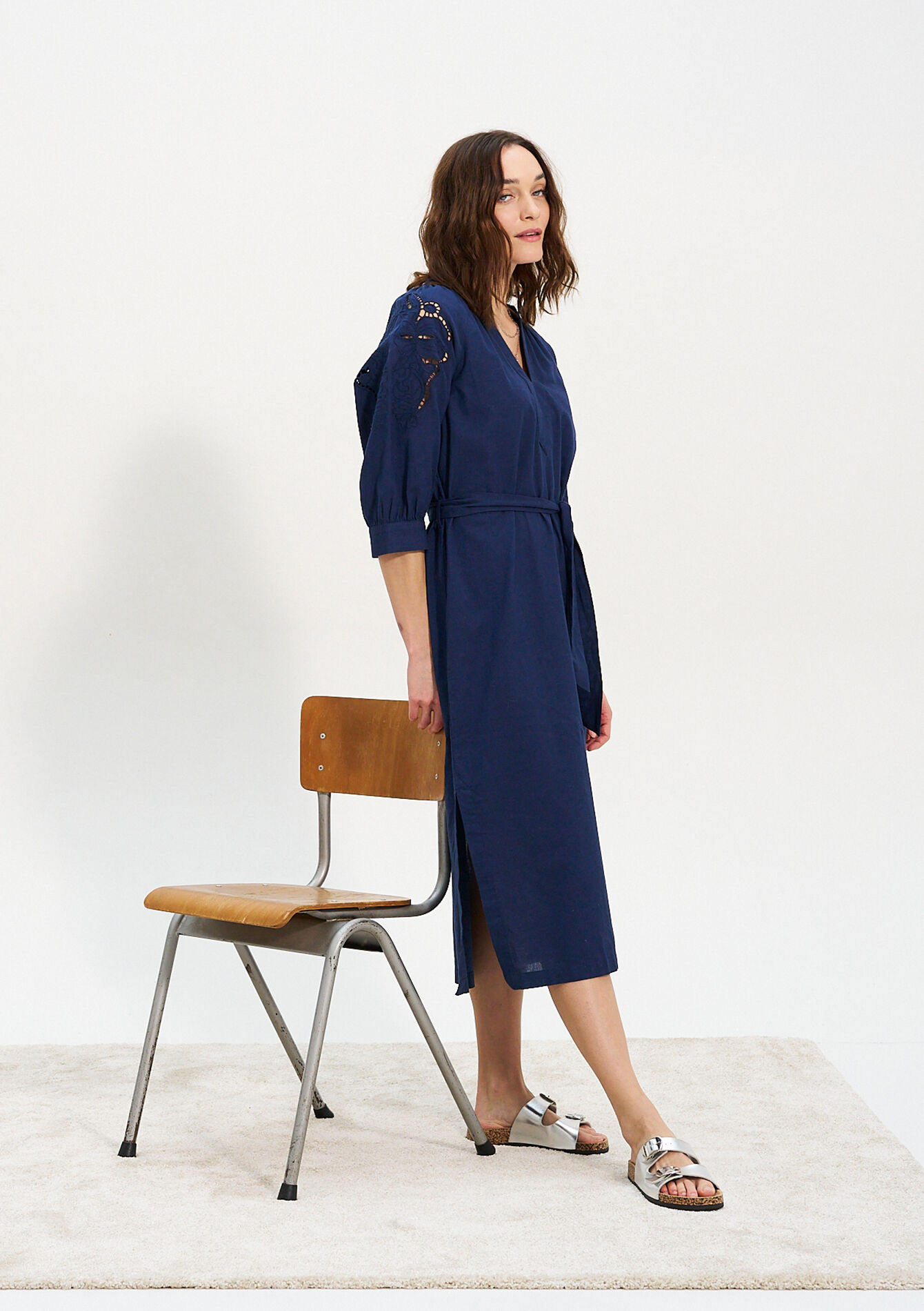 Midi dress with embroidery detail, undefined - NAVY BASIC - undefined