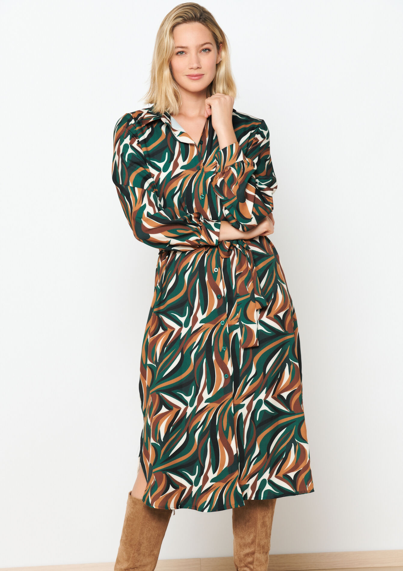 Robe-chemise à imprimé feuilles, undefined - CAMEL CINNAMON - undefined