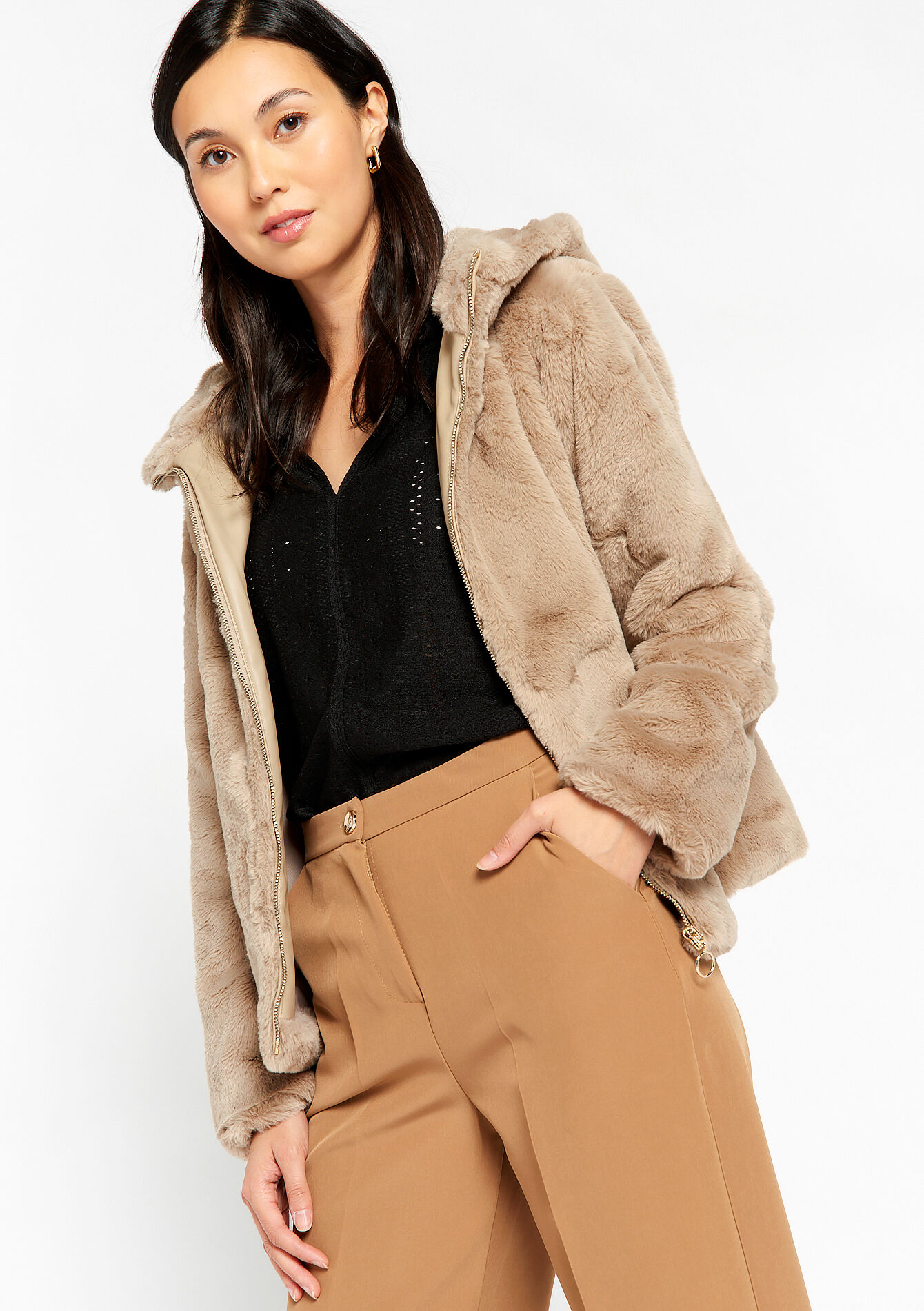 Faux fur jas met capuchon, Faux fur jas met capuchon - LIGHT TAUPE - 23000594_2572