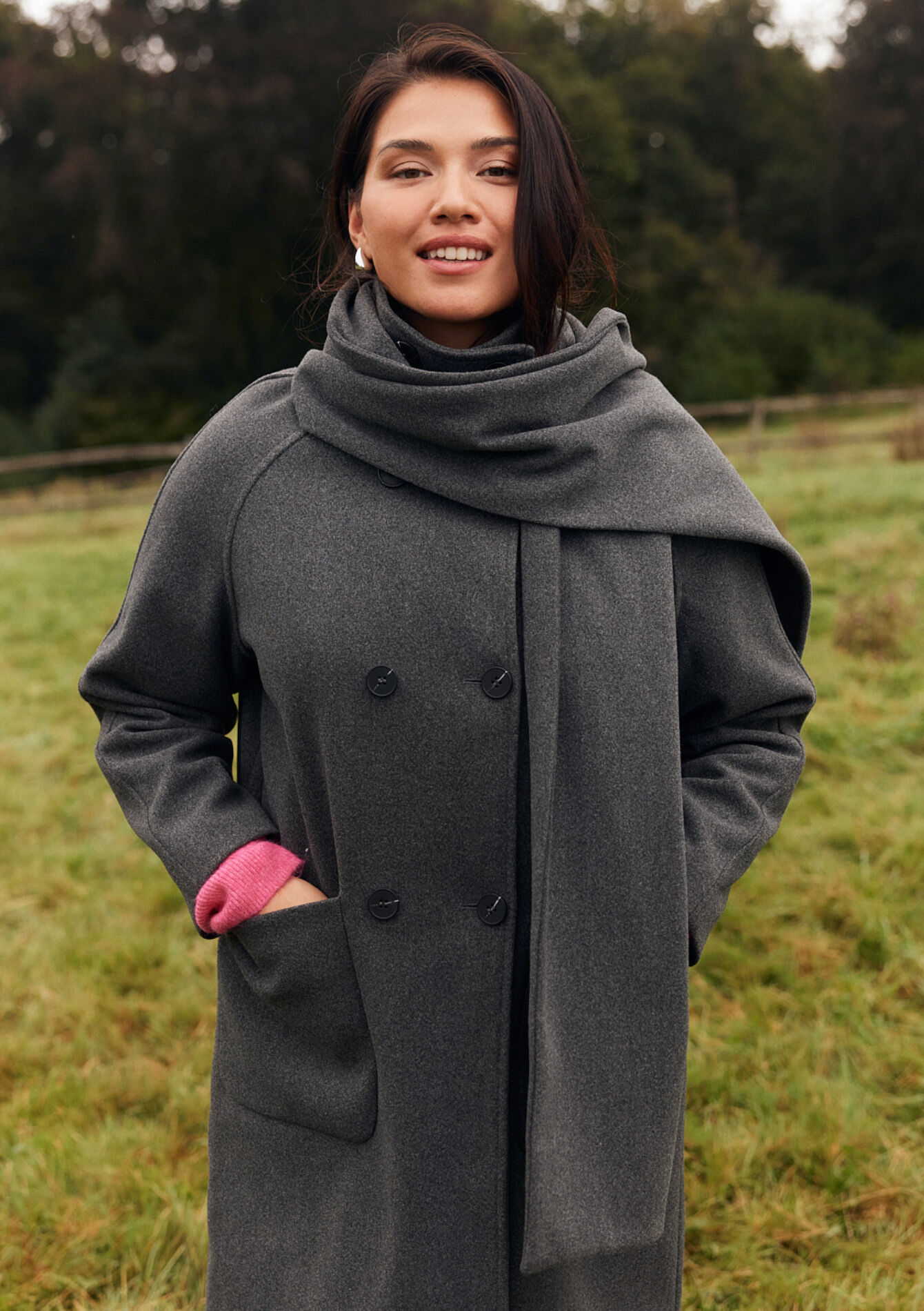 Long coat with scarf, undefined - DARK GREY - undefined