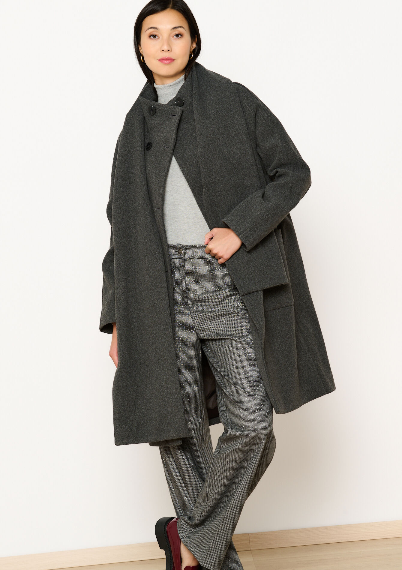 Long coat with scarf, undefined - DARK GREY - undefined