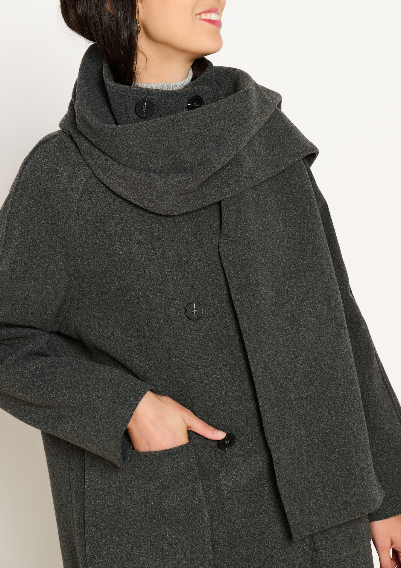 Long coat with scarf, undefined - DARK GREY - undefined