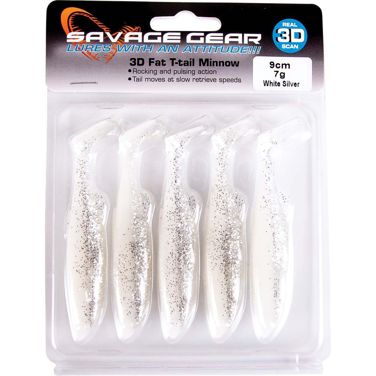 Savage Fat T Tail Soft Plastic Lure 9cm White Silver, White Silver, bcf_hi-res