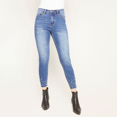 Jeans Con Perlas Tiro Medio Skinny Mujer Kimera Jeans Con Perlas Tiro Medio Skinny Mujer Kimera