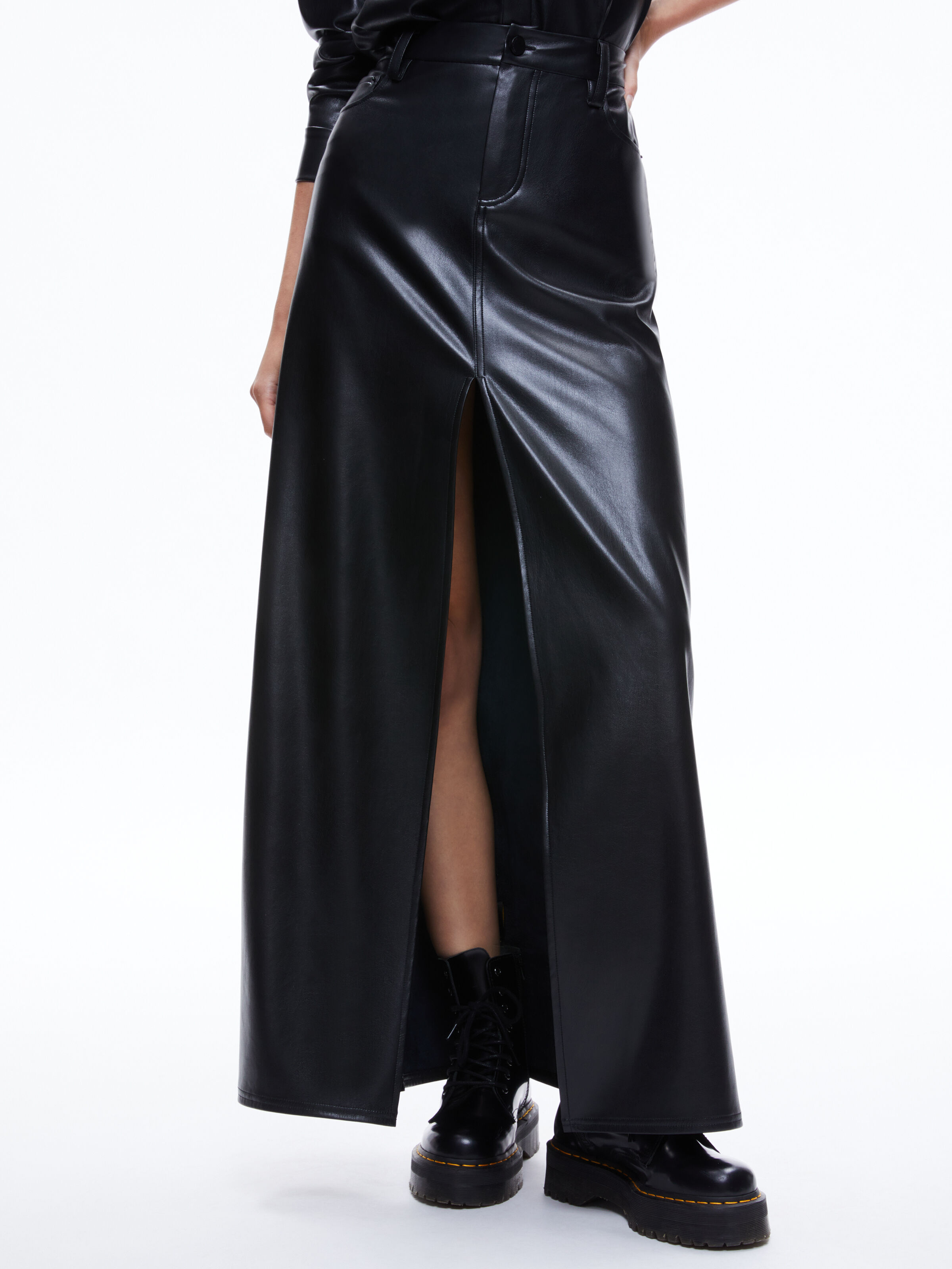 Alice And Olivia Rye Vegan Leather Front-slit Maxi Skirt In Black