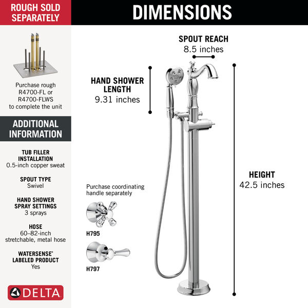 Single Handle Floor Mount Tub Filler Trim with Hand Shower - Less Handle, image 6