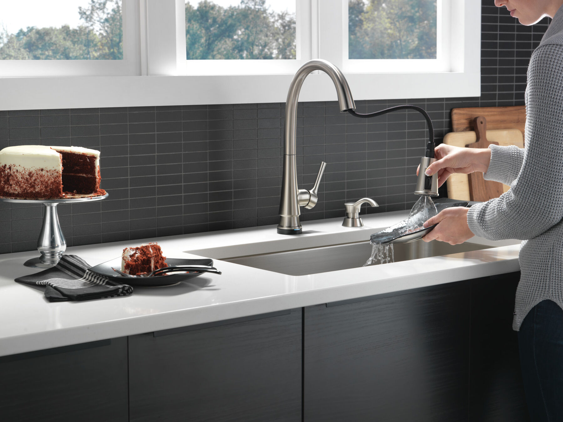 Single Handle Pull-Down Kitchen Faucet with Touch2O Technology and Soap Dispenser, image 4