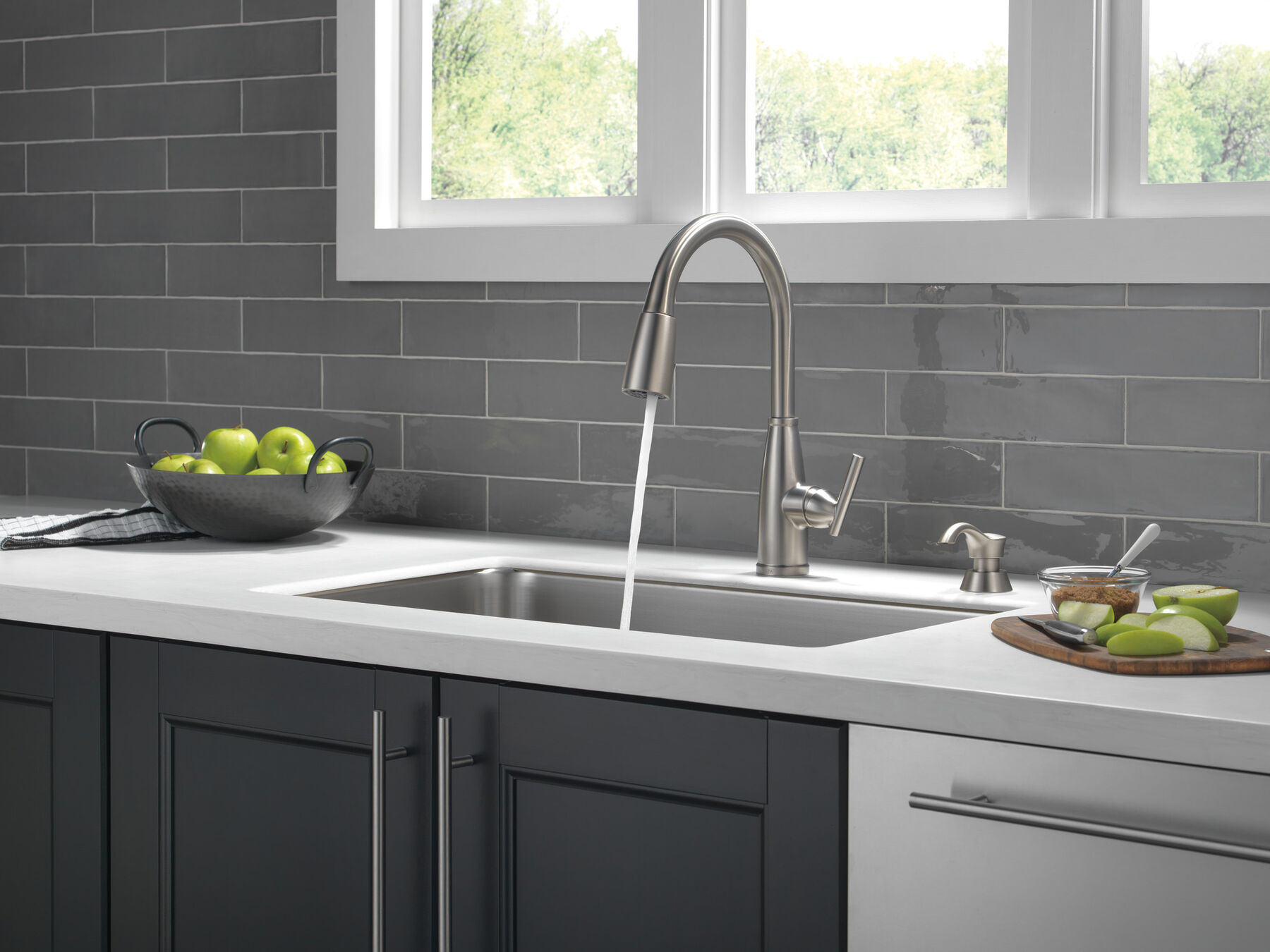 Single Handle Pull-Down Kitchen Faucet with Soap Dispenser and ShieldSpray Technology, image 6