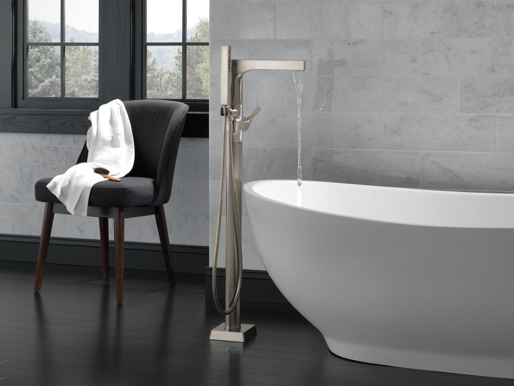 Single Handle Floor Mount Tub Filler Trim with Hand Shower (Recertified), image 1