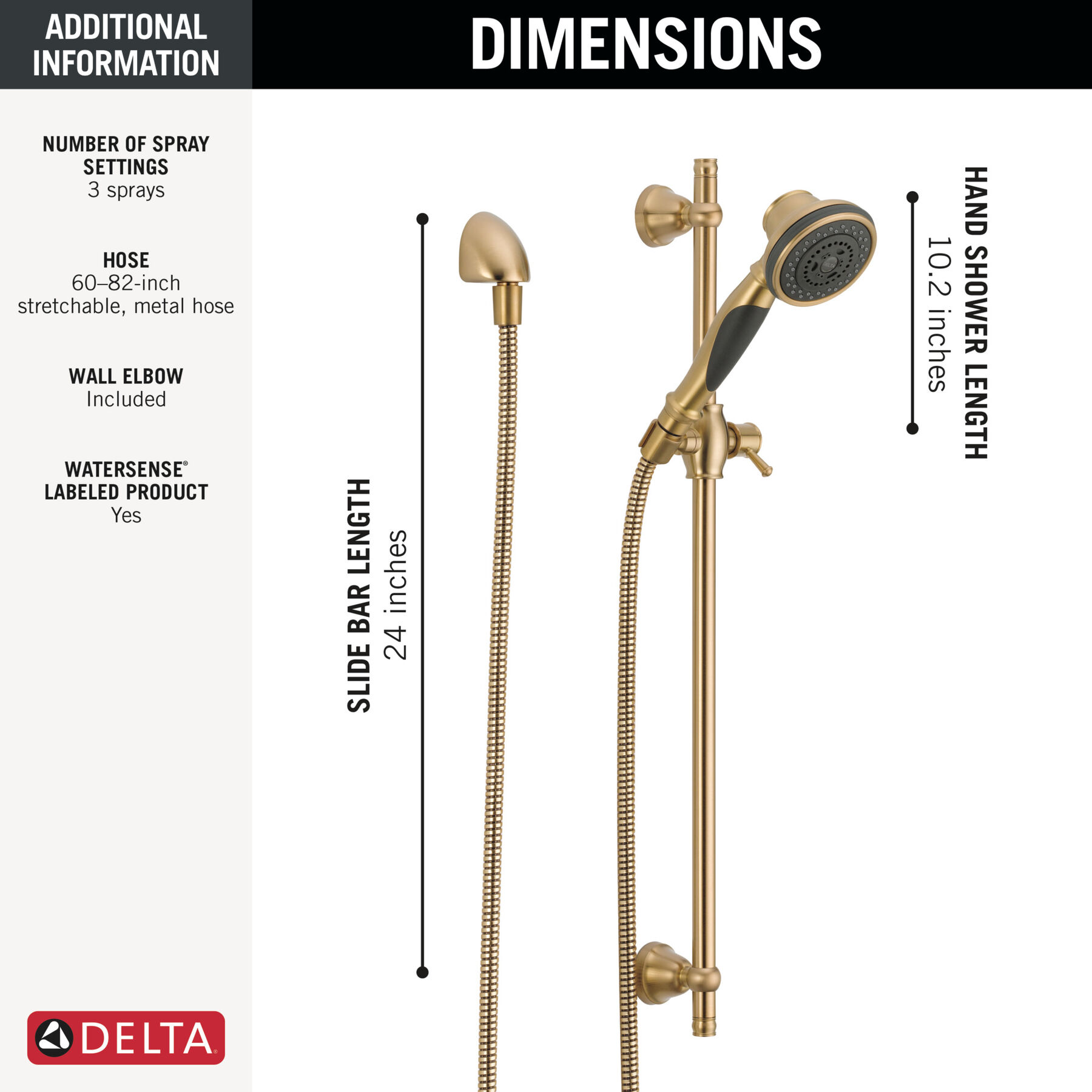 Premium 3-Setting Slide Bar Hand Shower with Wall Elbow, image 3