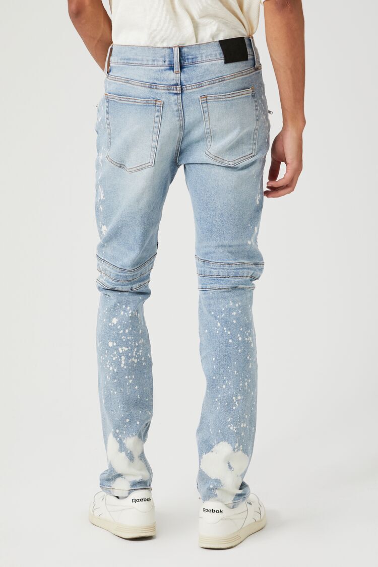 Distressed Bleach-Dye Moto Jeans
