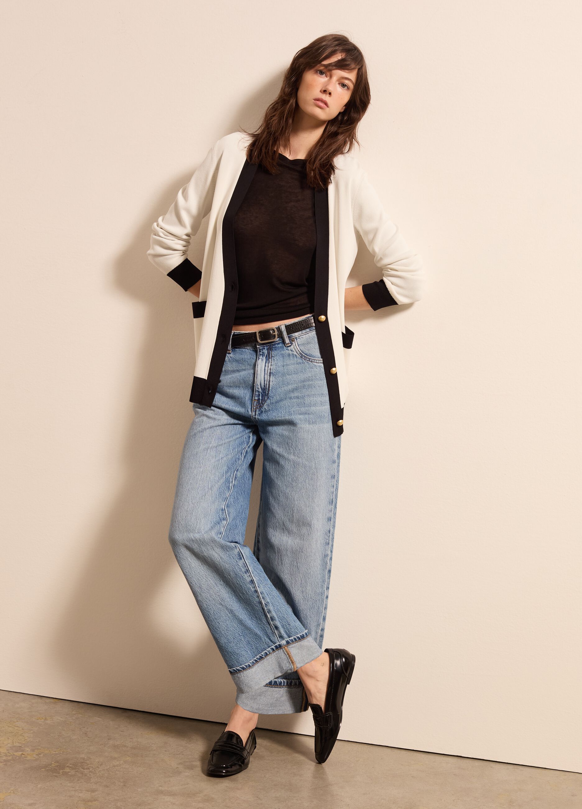 Cardigan lungo con profili a contrasto Bianco/Nero
