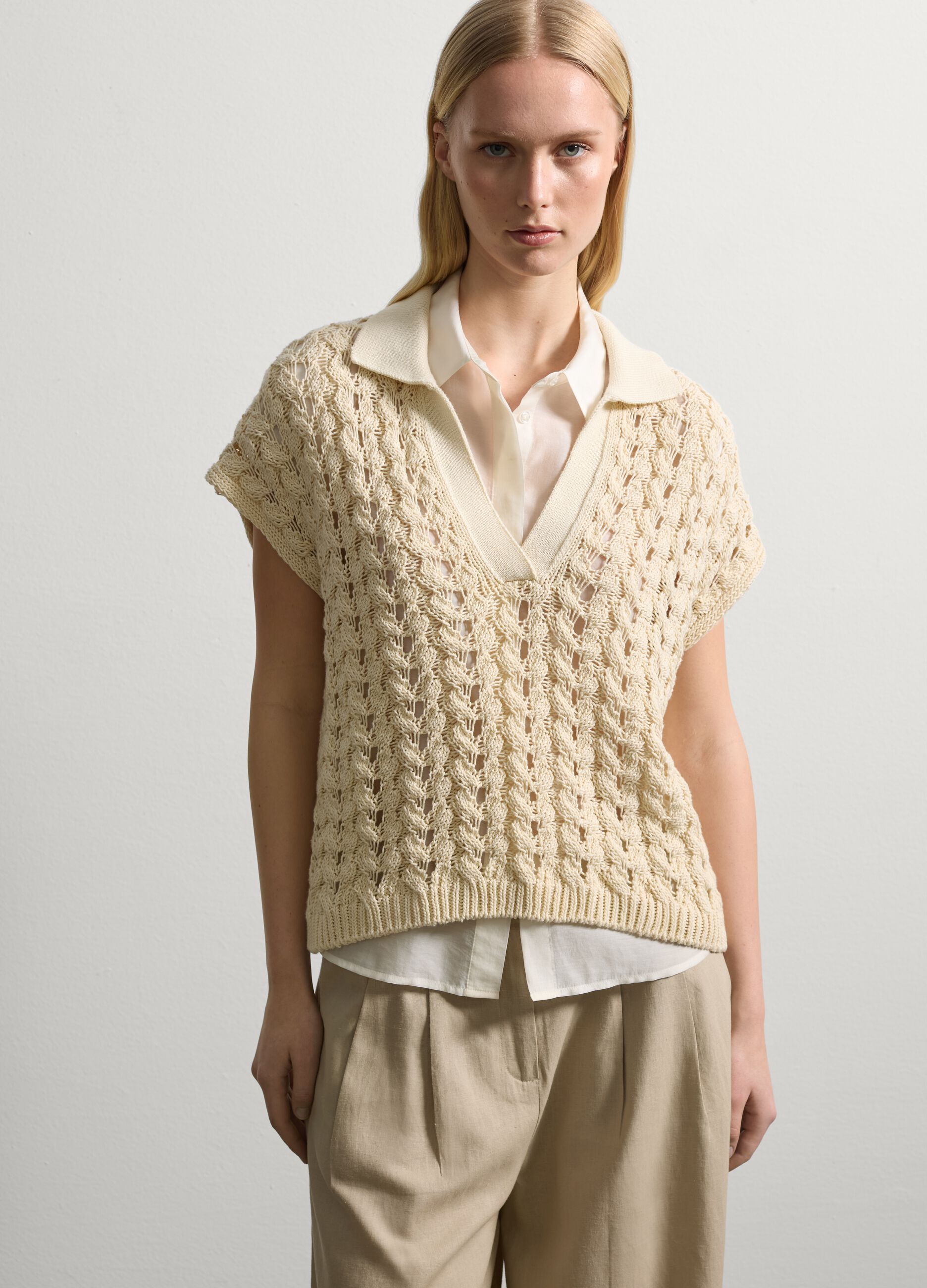 Häkel-Pullover mit Polo-Ausschnitt Creme