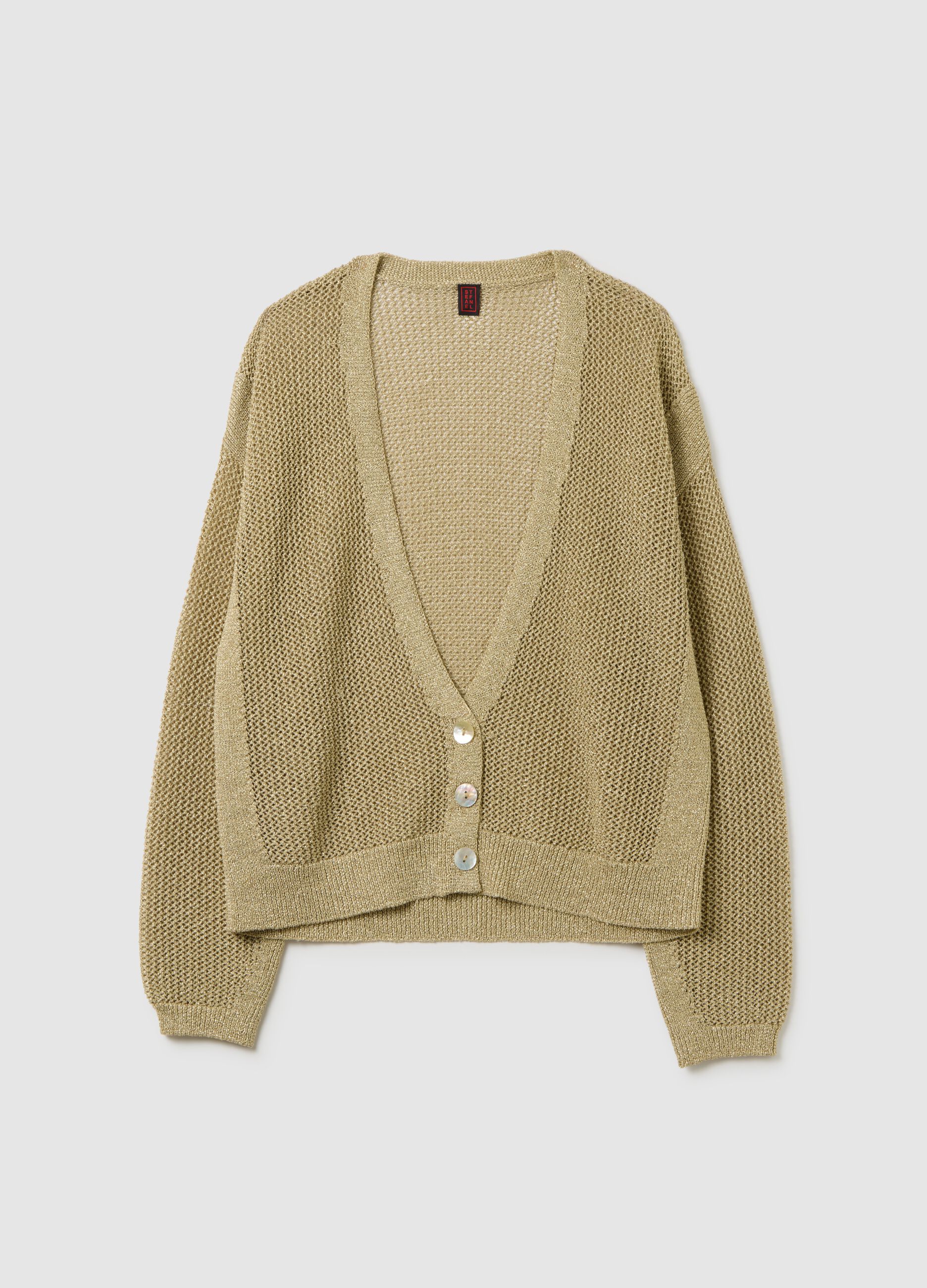 Beiger Strickcardigan mit Knöpfen und Lurex Hellbeige