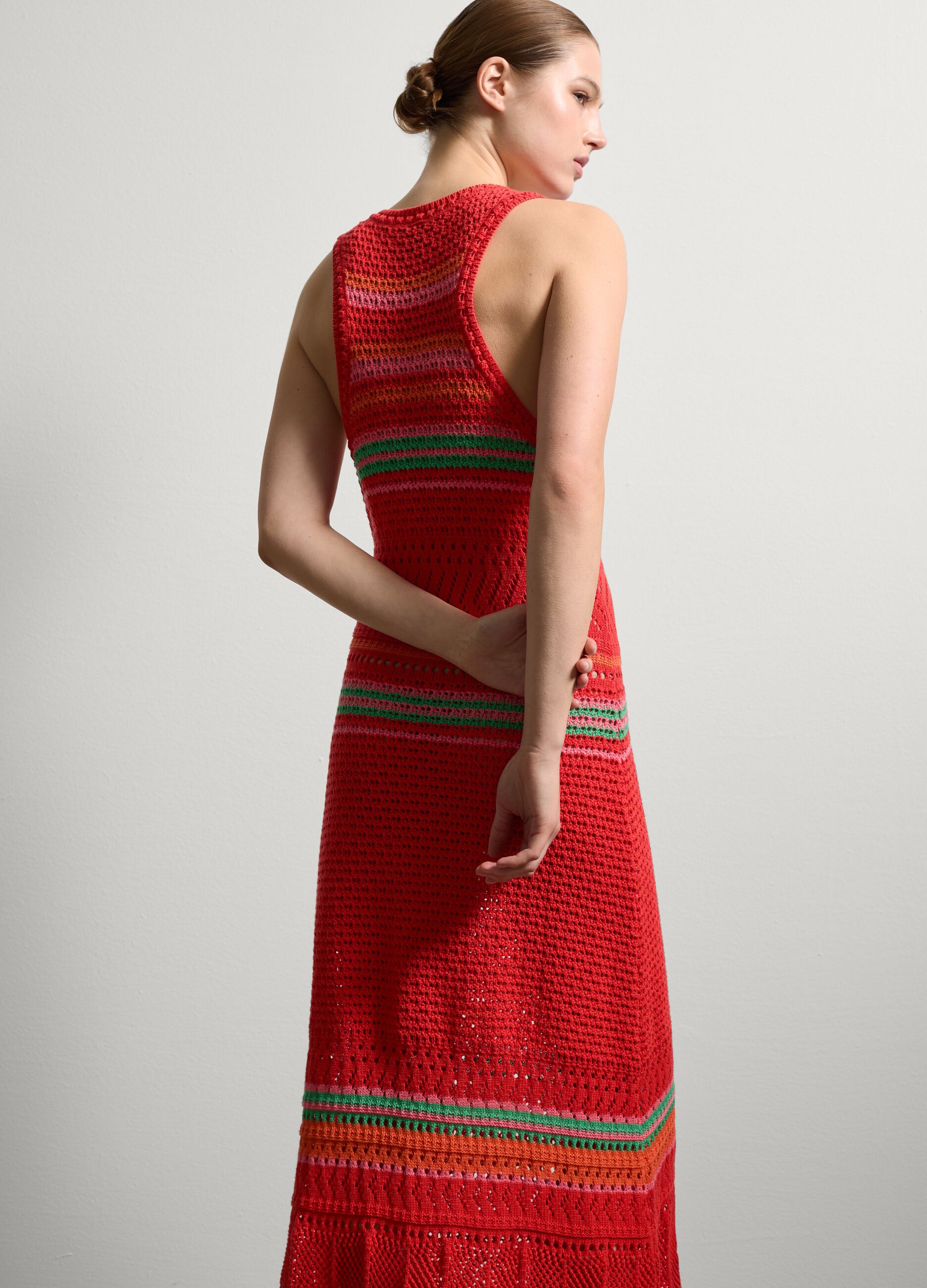 Abito lungo crochet con dettagli a contrasto Verde/rosso