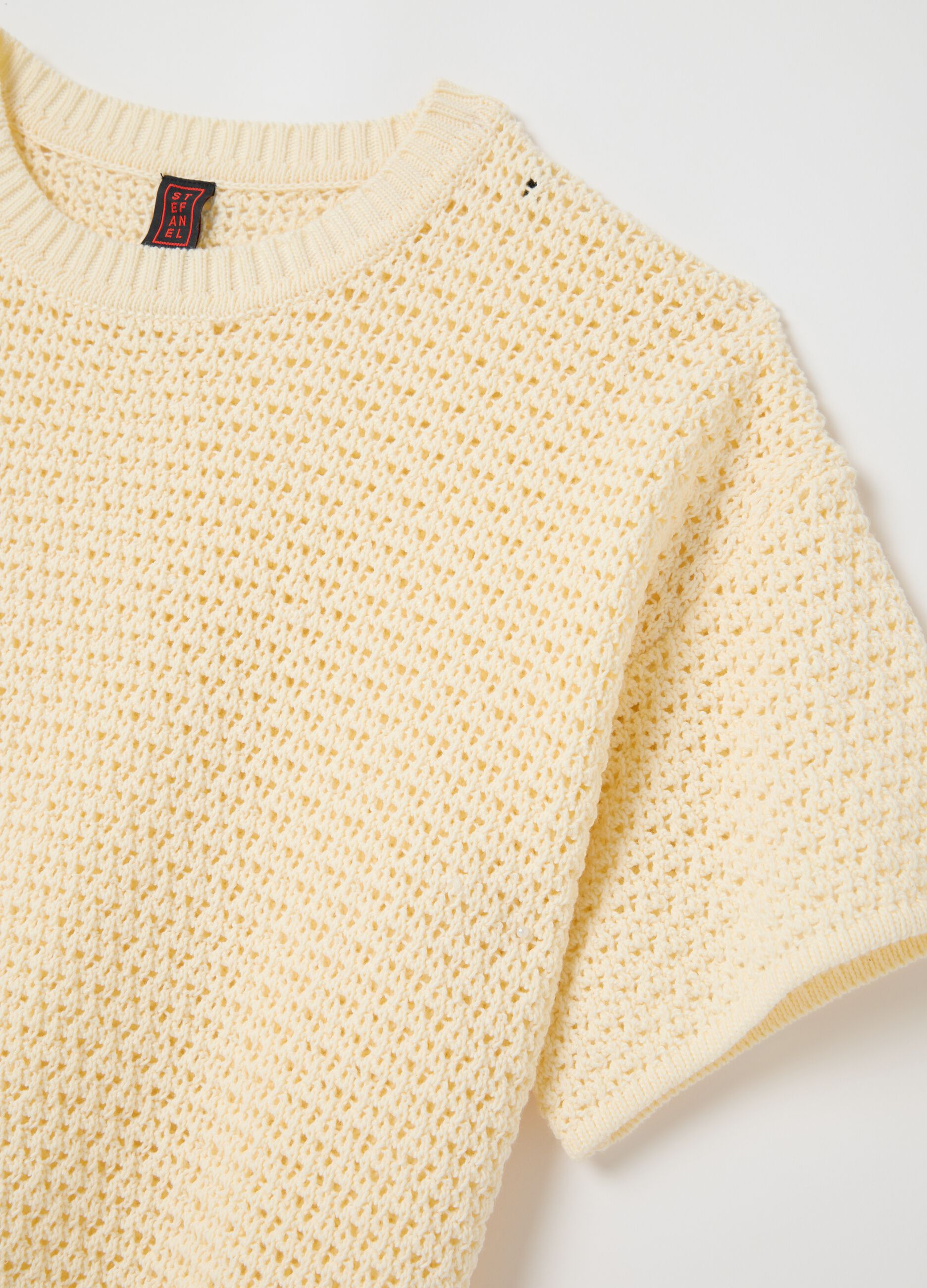 Gehäkelter Pullover mit Rundhalsausschnitt Elfenbeinweiß