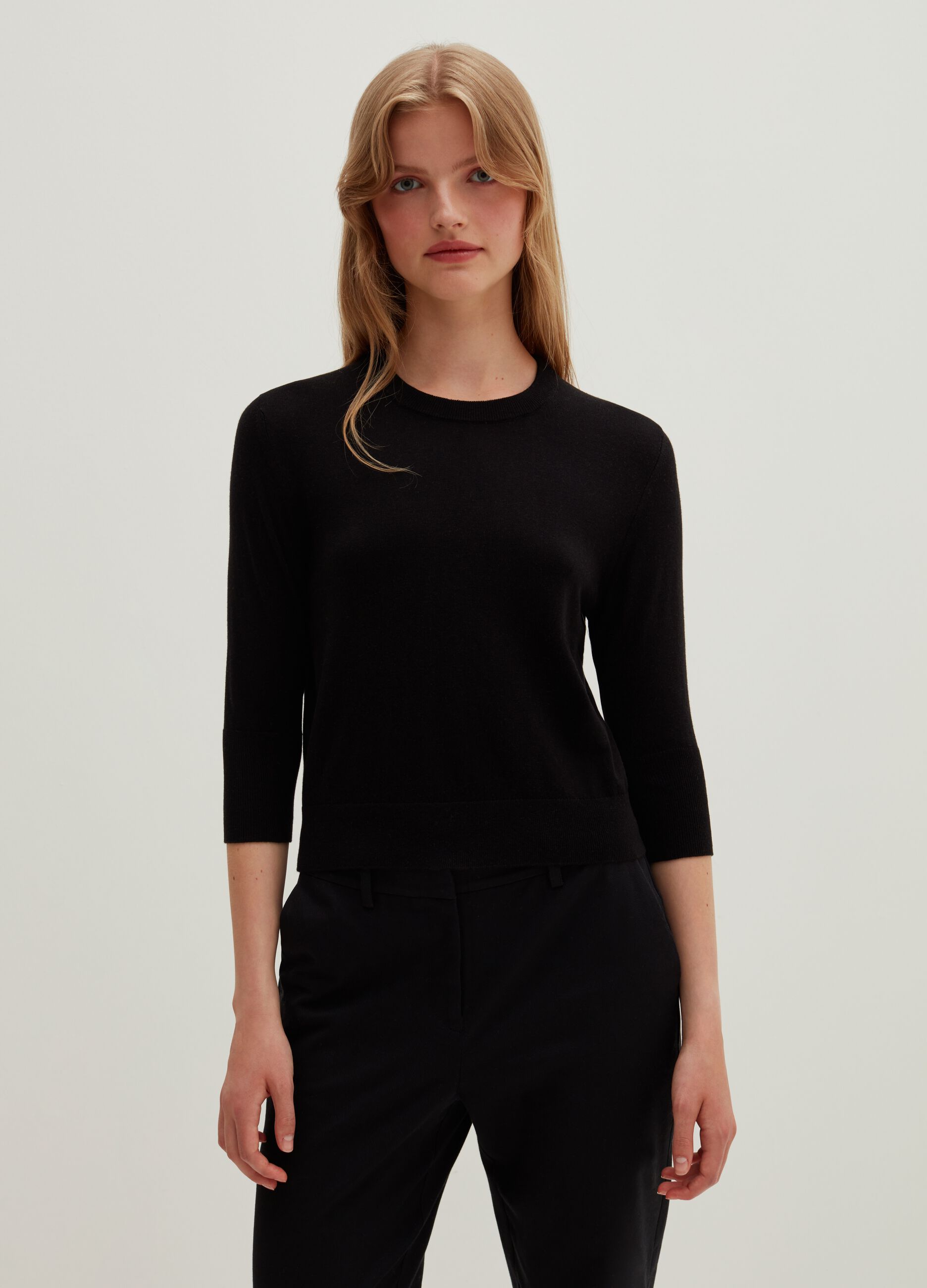 Silk and cotton top with three-quarter sleeves Black