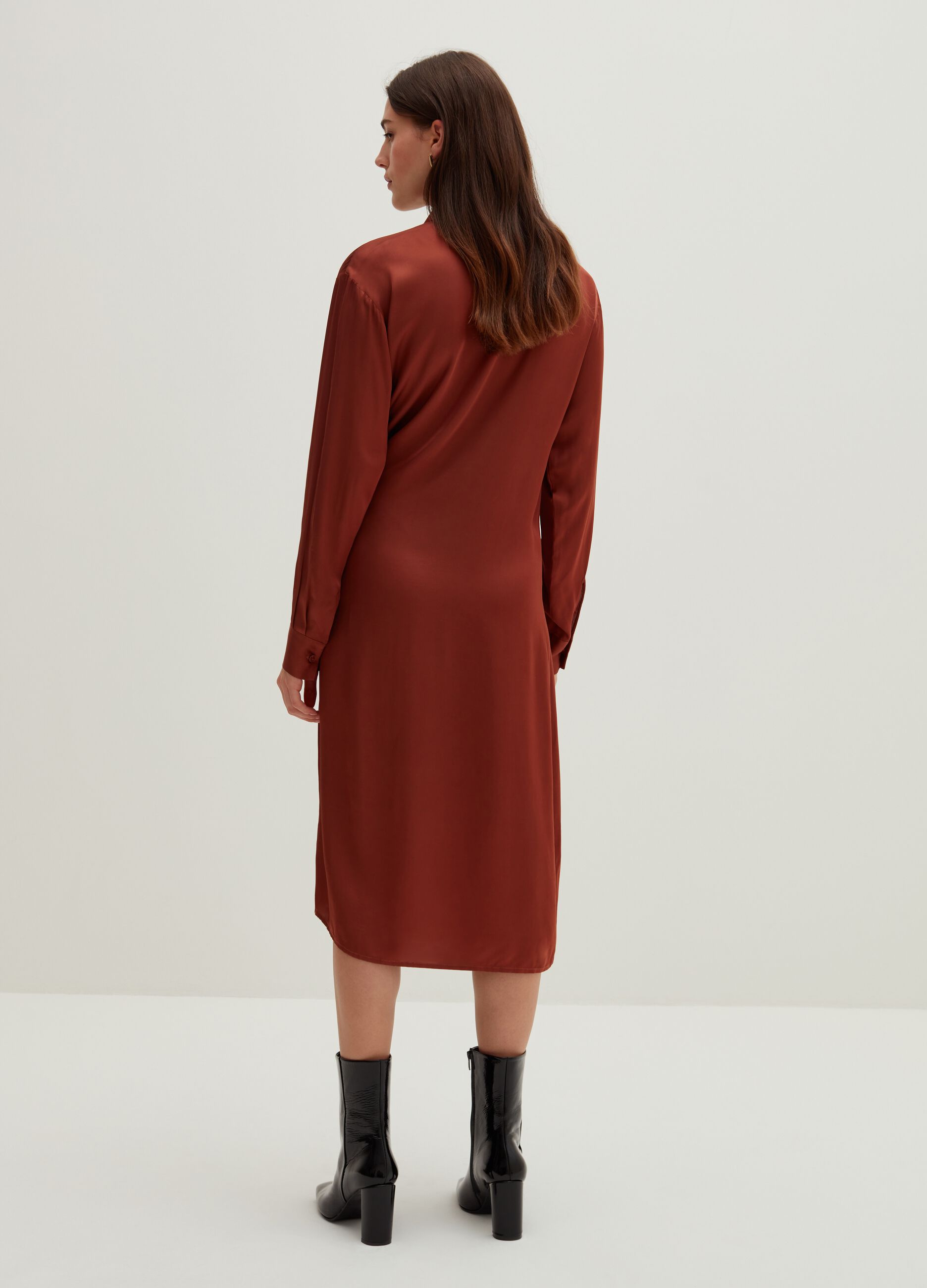 Shirt dress in satin viscose with bow Brick Red