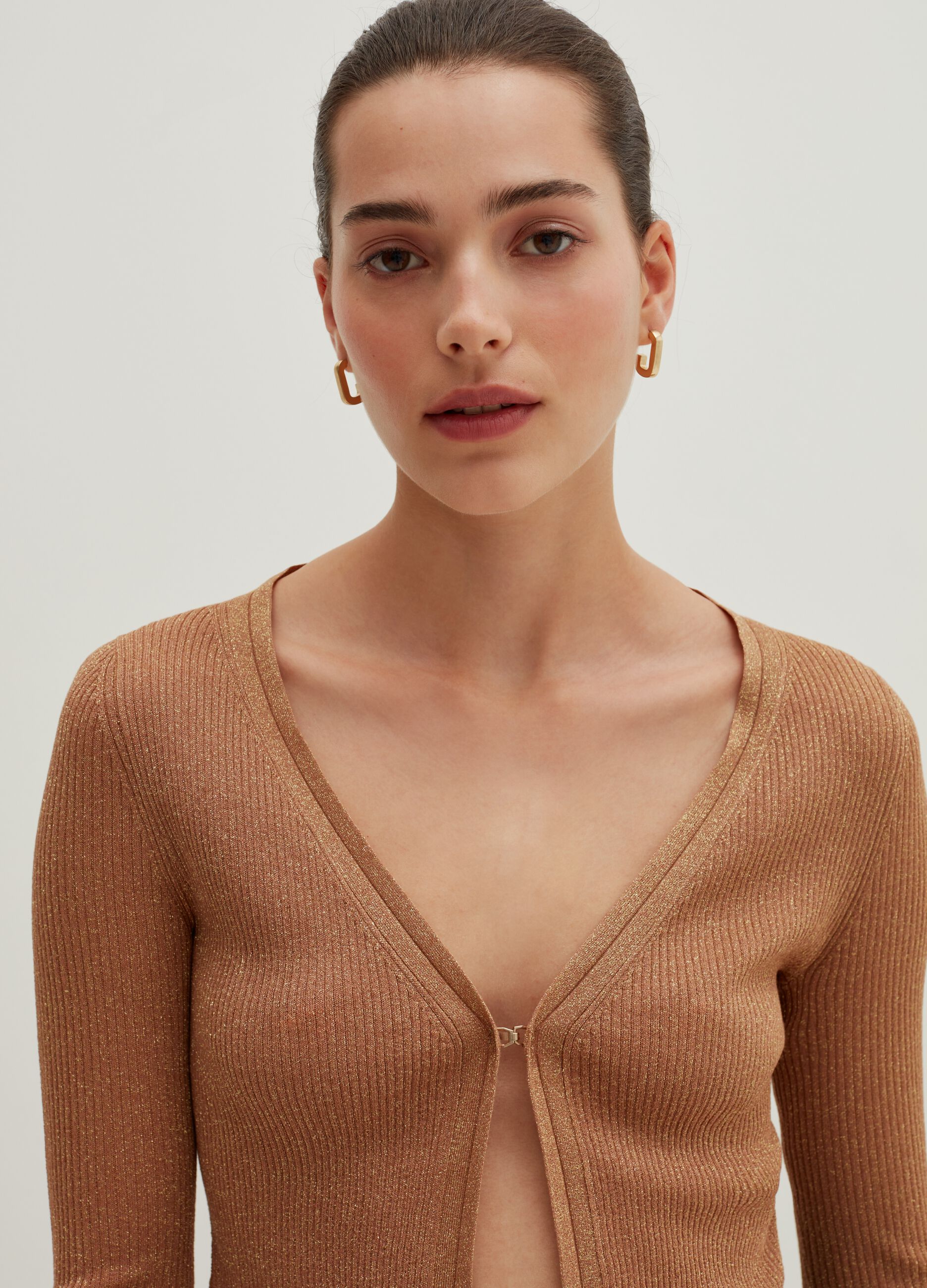 Cardigan cropped in lurex Marrone bronzo