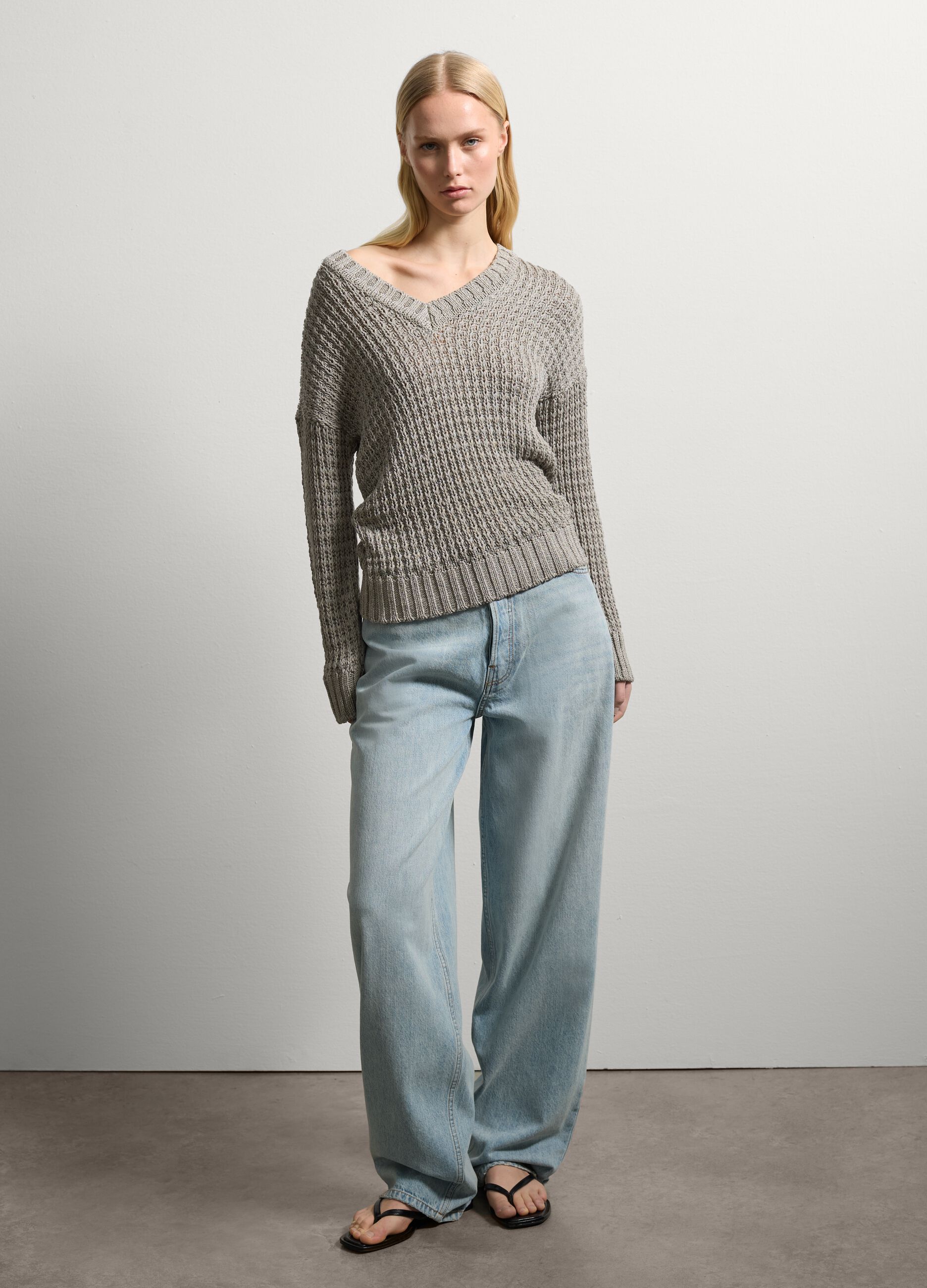 Pullover mit Patentmuster mit V-Ausschnitt Steingrau