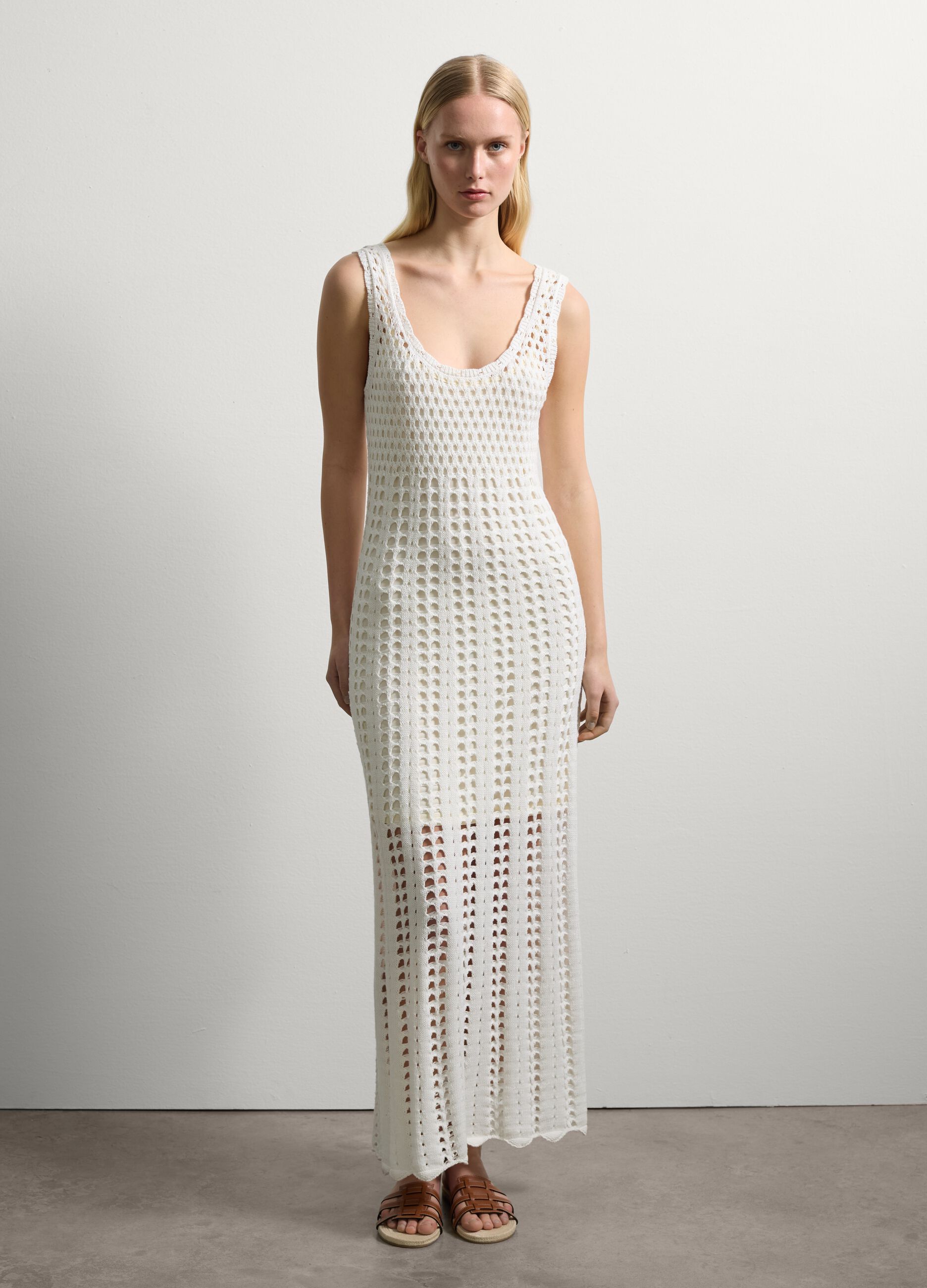 Abito lungo smanicato crochet Cremeweiß