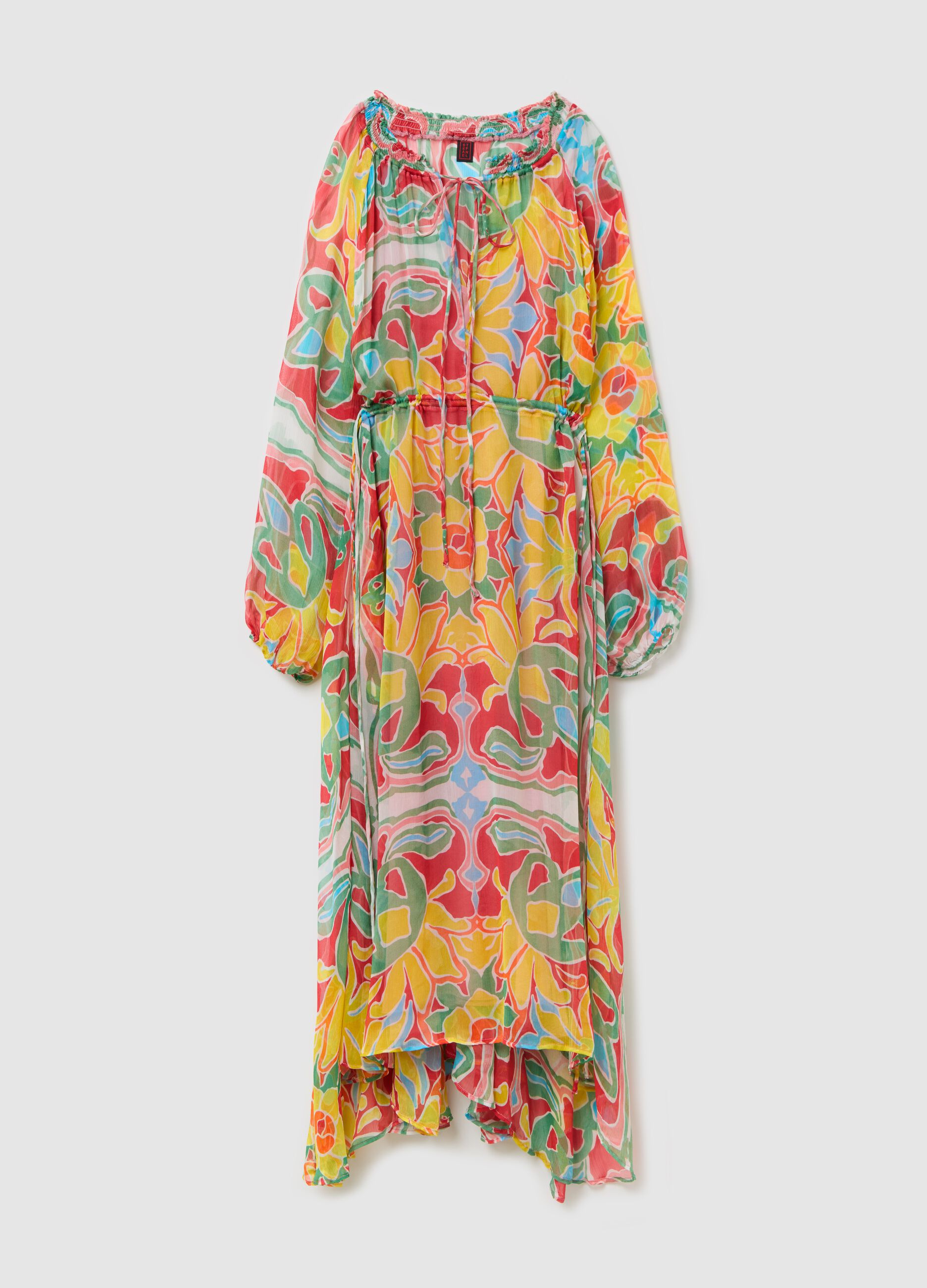 Langes mehrfarbiges Chiffonkleid Gelb/Rot