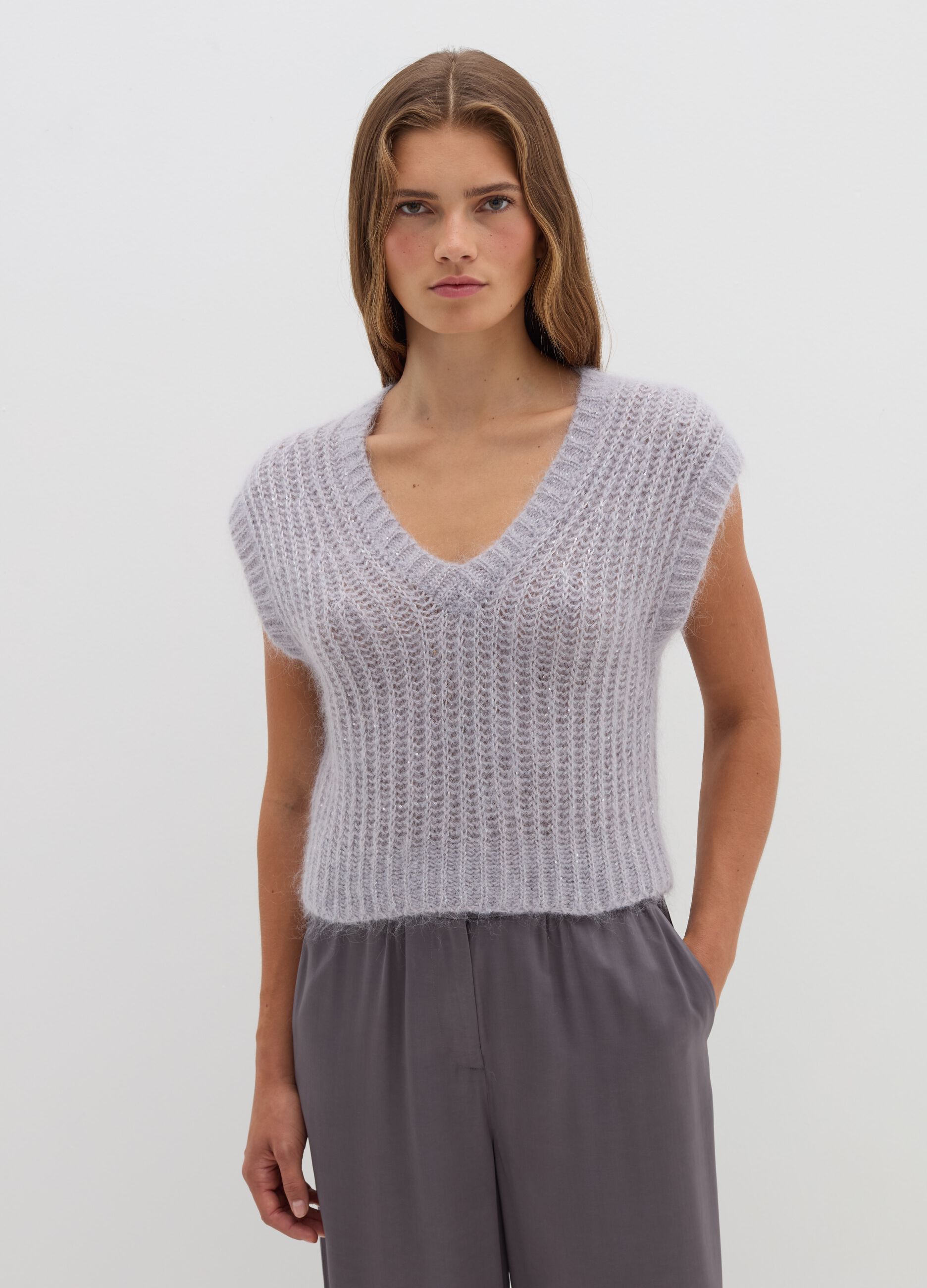 Pullover smanicato con micro paillettes in Grigio Stefanel