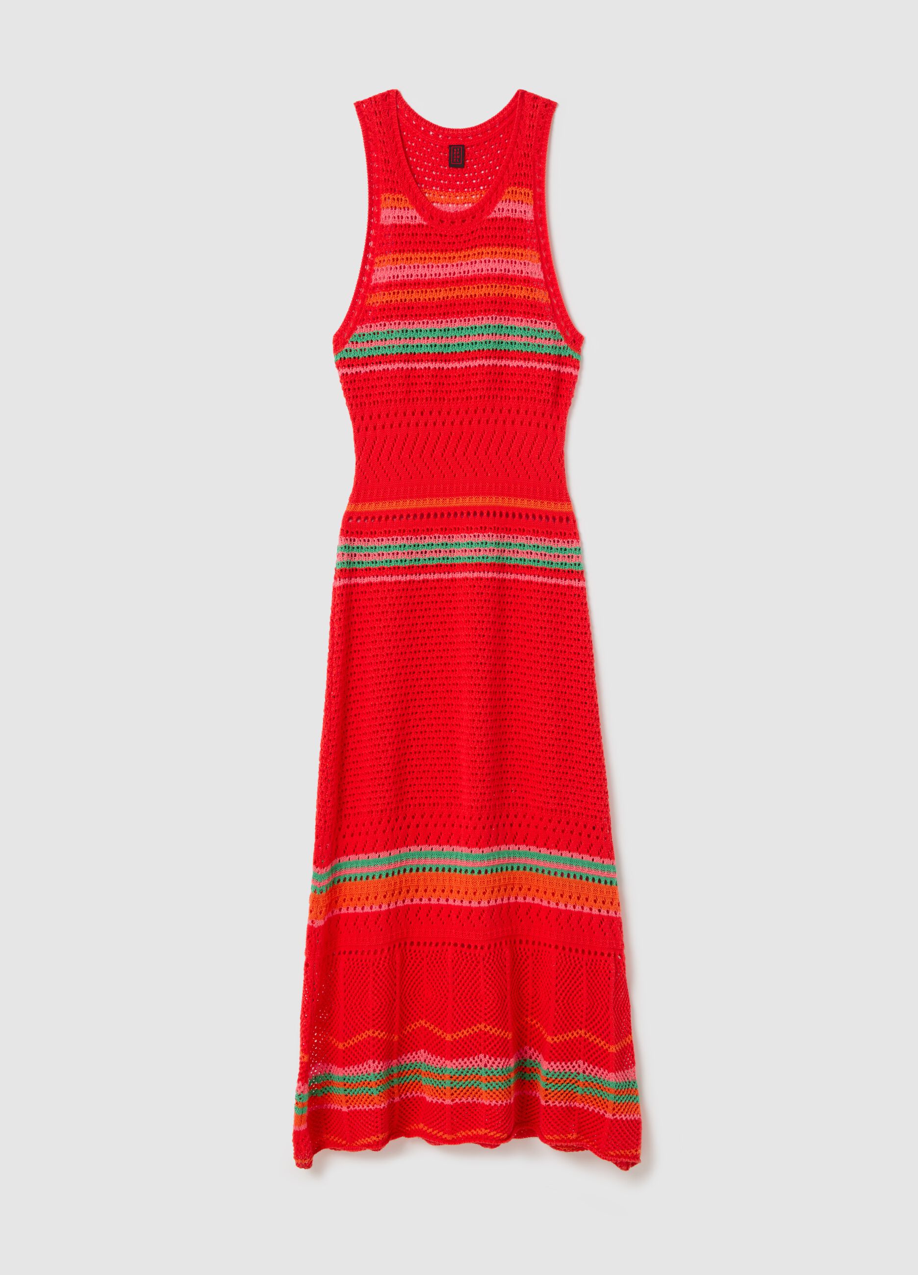 Abito lungo crochet con dettagli a contrasto Verde/rosso