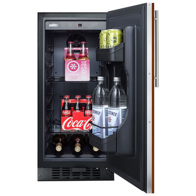 Summit Refrigerator model FF1532BIF, door opened showing fully stocked interior
