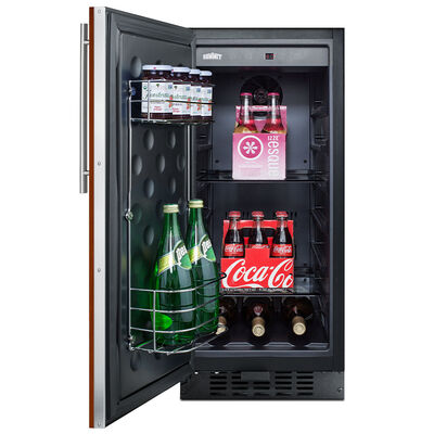 Summit Refrigerator model FF1532BIFLHD, door opened showing fully stocked interior