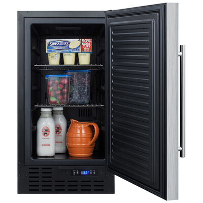 Summit 18in. Refrigerator model FF1843BSS, door opened showing fully stocked interior