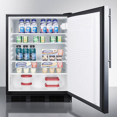 Summit 24in. Refrigerator model FF7BKSSHVADA, door open showing fully stocked interior