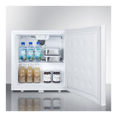 Summit Refrigerator model FFAR23L, door open showing fully stocked interior