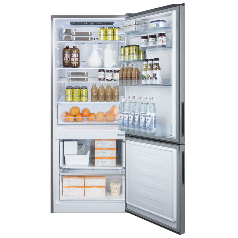 Interior view image of Summit FFBF279SSXIM showing glass shelves, crisper, door racks, and freezer drawer with icemaker