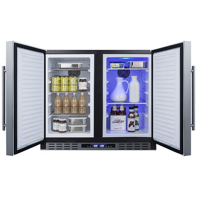 Summit 36in. ADA Compliant Refrigerator-Freezer model FFRF36ADA, door open showing fully stocked interior