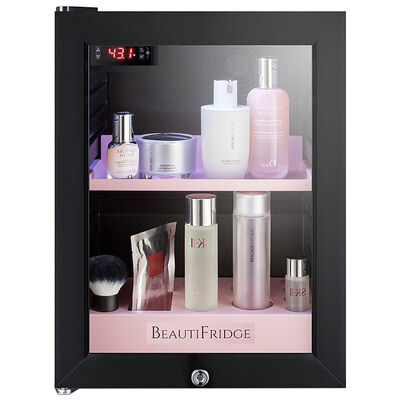 Summit BeautiFridge Cosmetics Cooler, model LX114LPLHD, fully stocked interior displayed through glass door 
