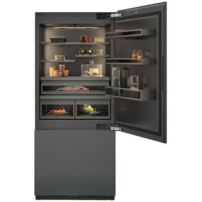 Gaggenau Refrigerator model RVB497790, front-facing view with main door open showing fully stocked interior