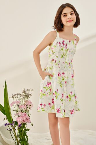 3 - White Floral Printed Fit And Flare Dress, image 3