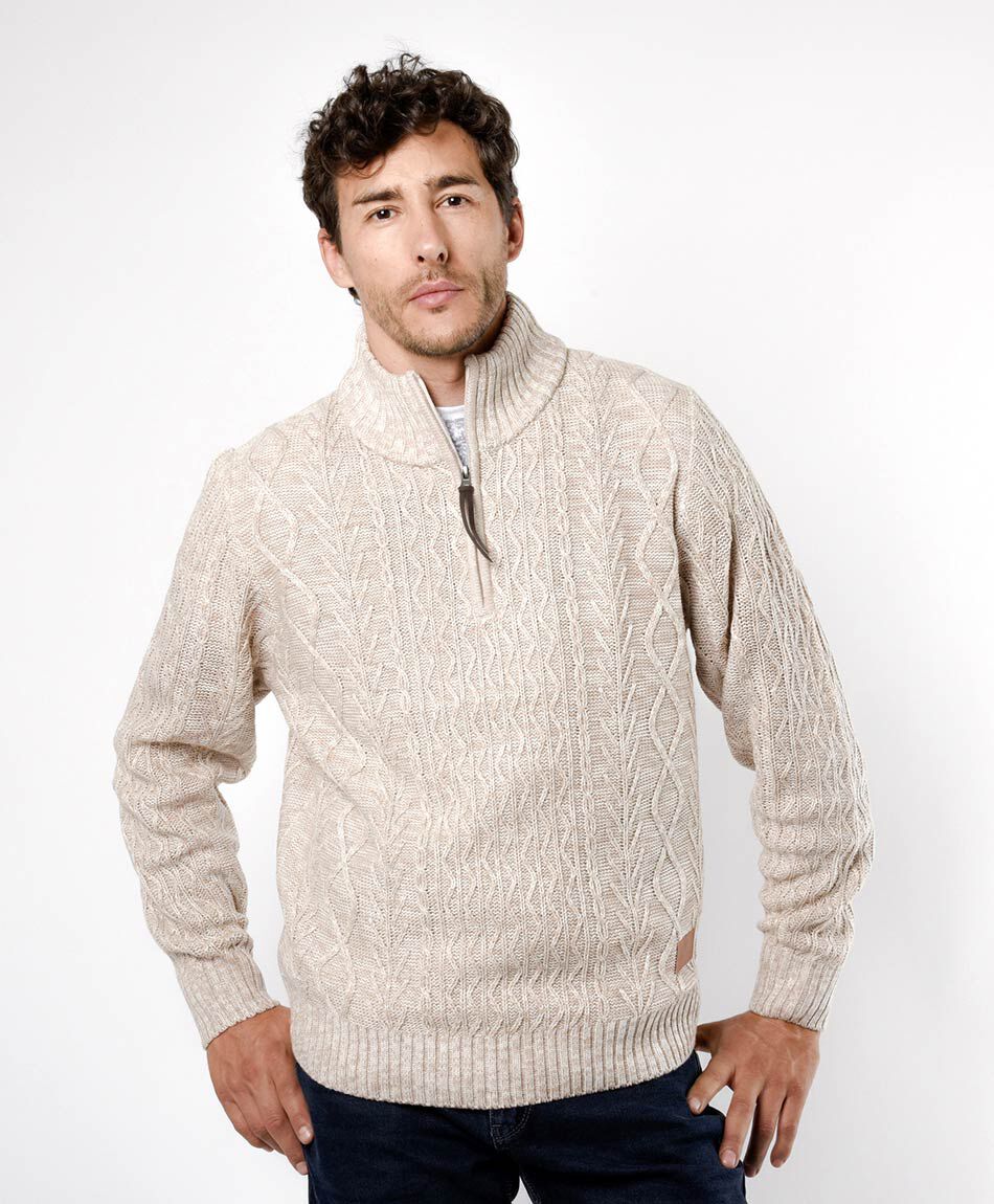 Sweater hombre textura medio cierre beige TRICOT
