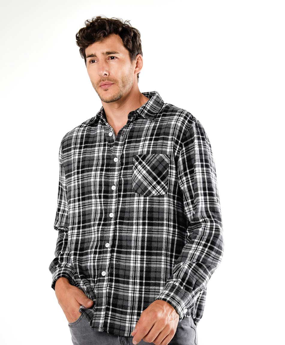 Camisa hombre franela cuadrille blanco y negro TRICOT