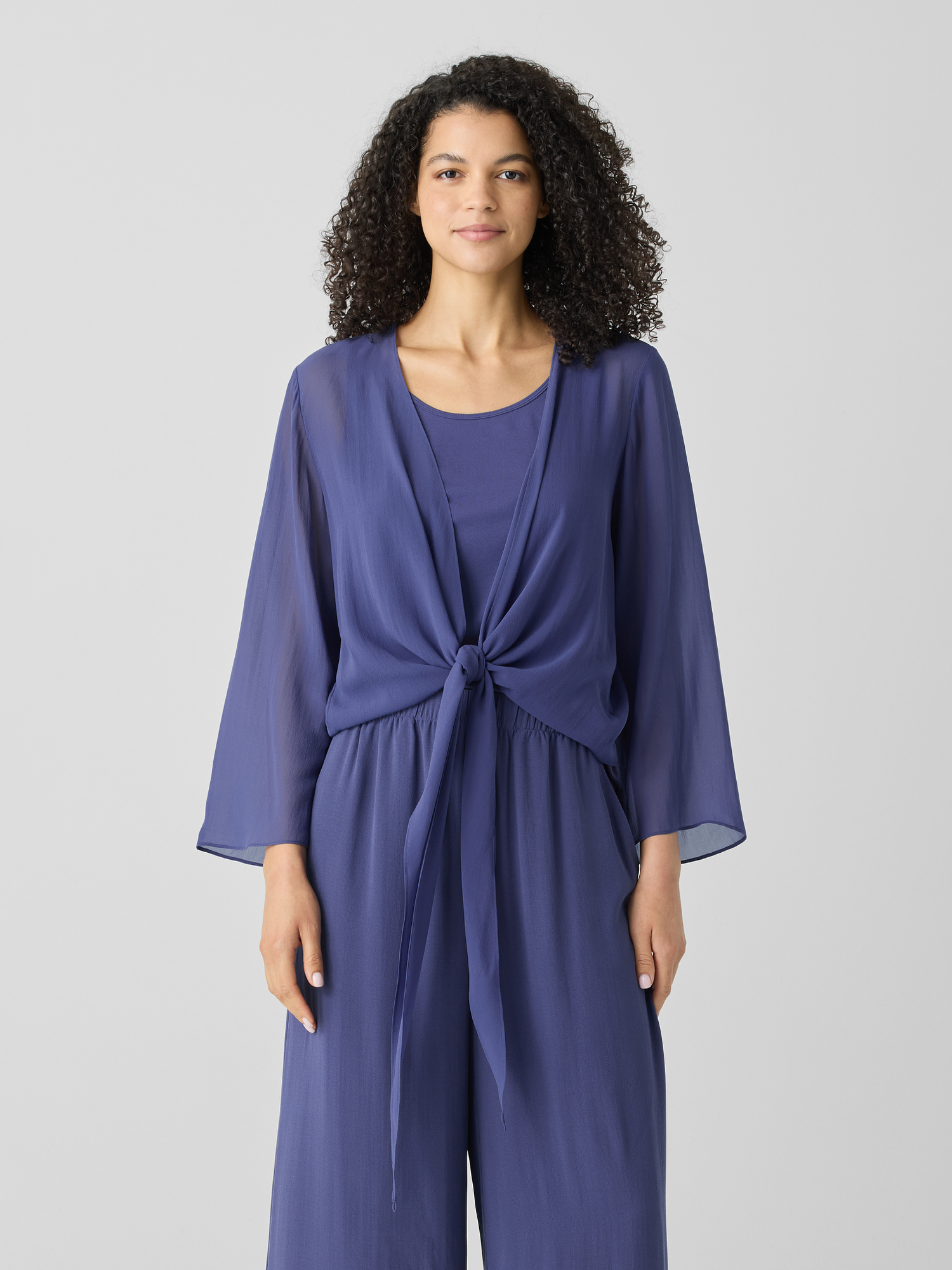 Eileen Fisher Sheer Silk Georgette Tie Jacket In Blue