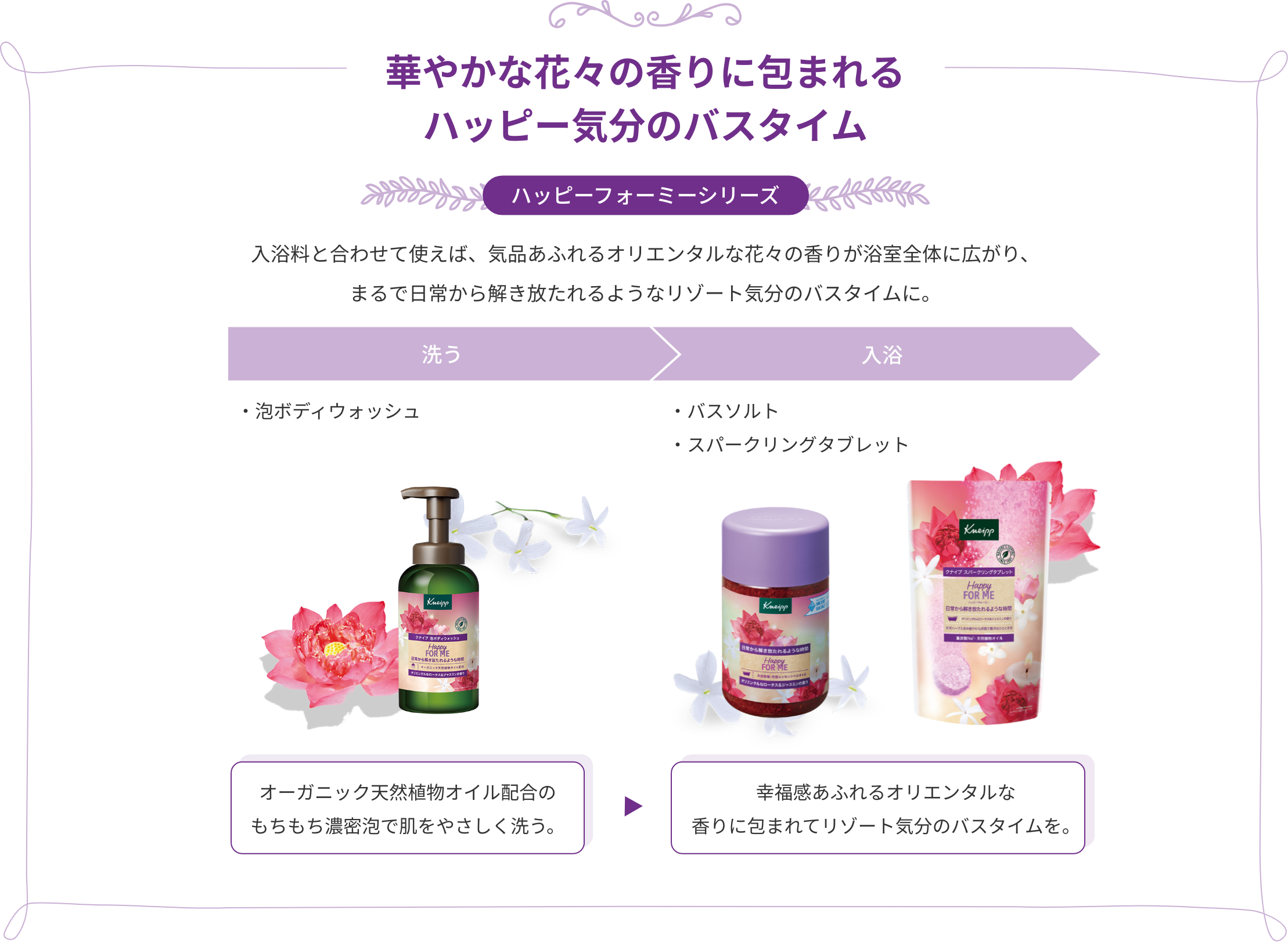 ハッピーフォーミーシリーズ：華やかな花畑名の香りに包まれるハッピー気分のバスタイム
