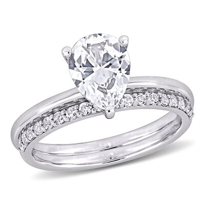 Pear-Shaped Created White Sapphire Bridal Ring Set in 10k White Gold