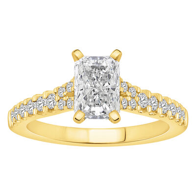 Emerald-Cut Lab Grown 1 1/4ctw. Diamond Split Shank Cathedral Engagement Ring in 14k Yellow Gold