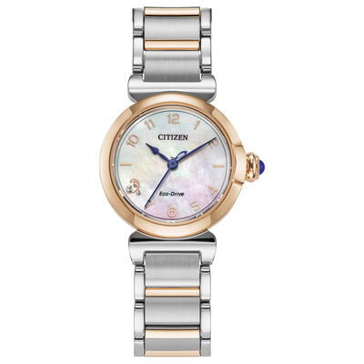Citizen Ladies' Mae White Mother of Pearl Dial With Diamond Accent Rose Gold Tone Stainless Steel Bracelet 26mm Watch EM1136-87D