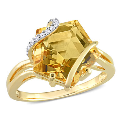 Citrine & Diamond Wrapped Ring in Yellow Gold Plated Sterling Silver