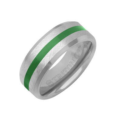 Triton 8mm Gray Tungsten Band with Crystalline Finish and Green Ceramic Inlay