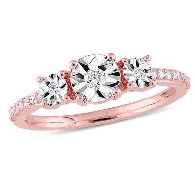 Diamond Three-Stone Engagement Ring 1/7ctw in Rose Plated Sterling Silver