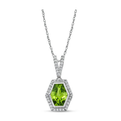 Hexagon Peridot & Created White Sapphire Halo Pendant in Sterling Silver 
