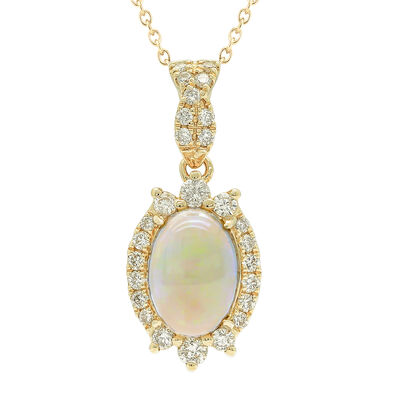 JK Crown Collection Oval Opal Diamond Blue Topaz Pendant in 10k Yellow Gold